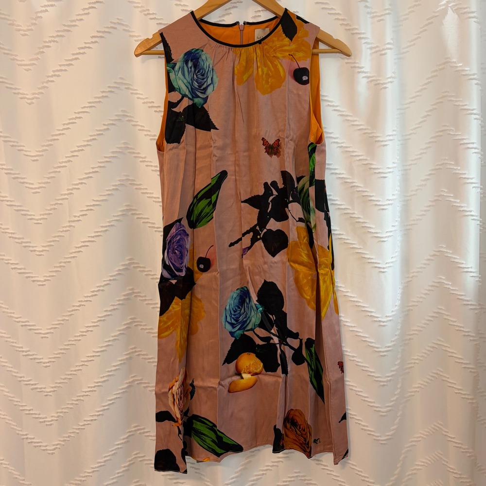 Paul Smith Pink Floral Fruit Print Sleeveless Shift Dress Black Trim Size XS